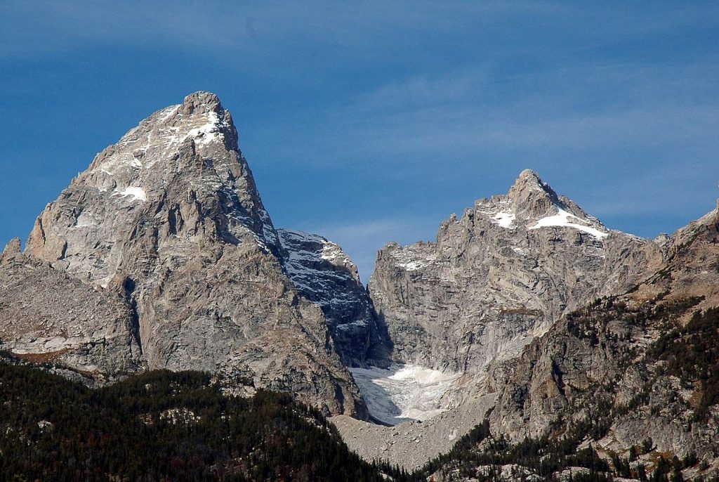 Teton Glacier at bottom is to the right of Grand Teton and left of Mount Owen