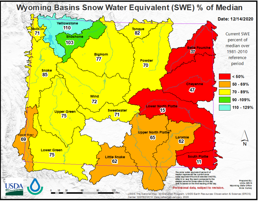 Wyoming Basins Snow Water Map, Dec. 2020