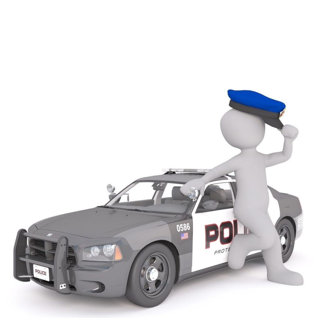 Generic figure leaning on police vehicle